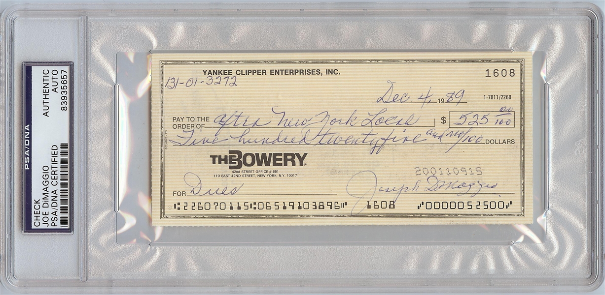 Joe DiMaggio Signed Yankee Clipper Enterprises Check (1989) (PSA/DNA)