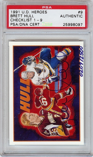 Brett Hull Signed 1991 UD Heroes Checklist No. 9 (PSA/DNA)