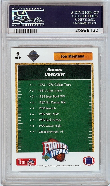 Joe Montana Signed 1991 UD Heroes Checklist (PSA/DNA)