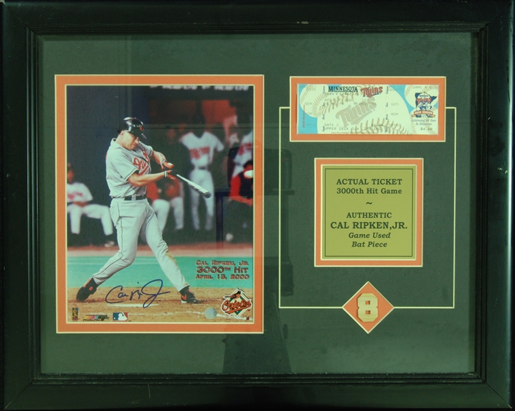 Cal Ripken Jr. Signed Photo & 3000th Hit Ticket Display (Ripken)