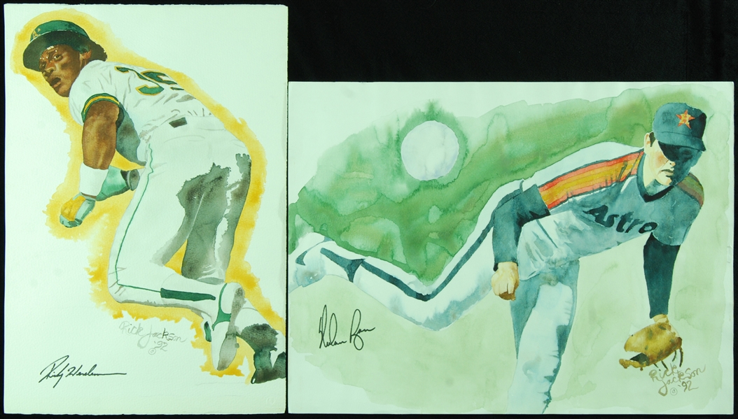 Rickey Henderson & Nolan Ryan Signed Original Artwork (2)