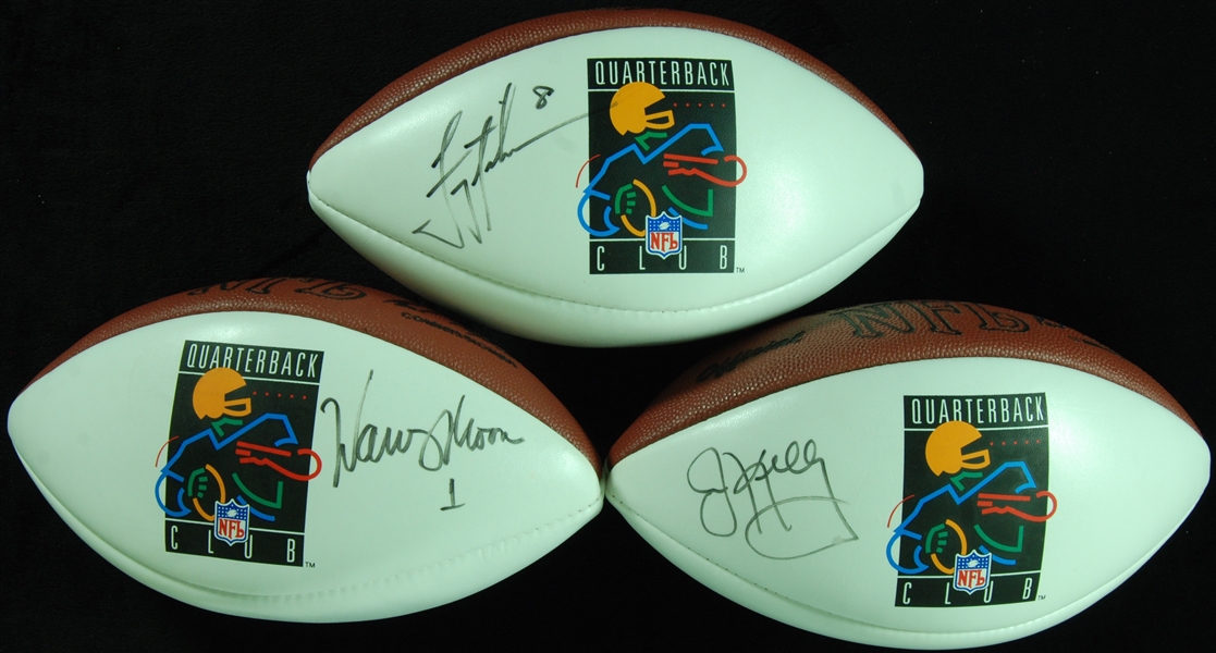 Jim Kelly, Fran Tarkenton & Warren Moon Signed Quarterback Club Footballs (3)