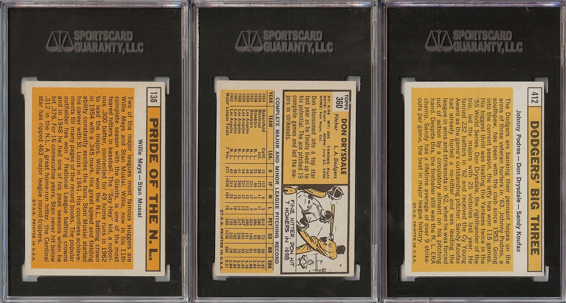 1963 Topps SGC-Graded HOFers (3) with Mays, Koufax