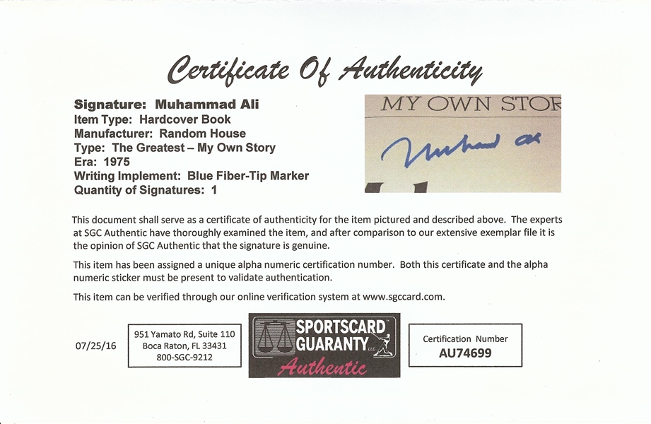 Muhammad Ali Signed The Greatest My Own Story Book (SGC)