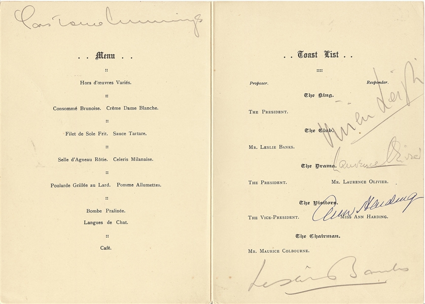 Gallery First Nighter's Club Signed Menu (5) with Vivien Leigh, Laurence Olivier & Others (PSA/DNA)