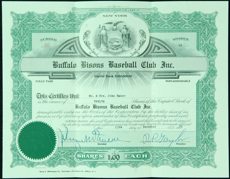 1955 Buffalo Bisons Original Stock Certificate with Supporting Materials