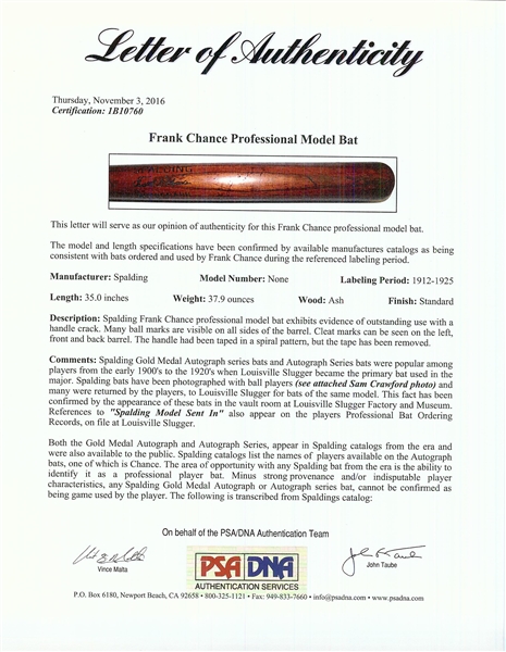 Frank Chance 1912-25 Professional Model Spalding Bat (Taube PSA/DNA)