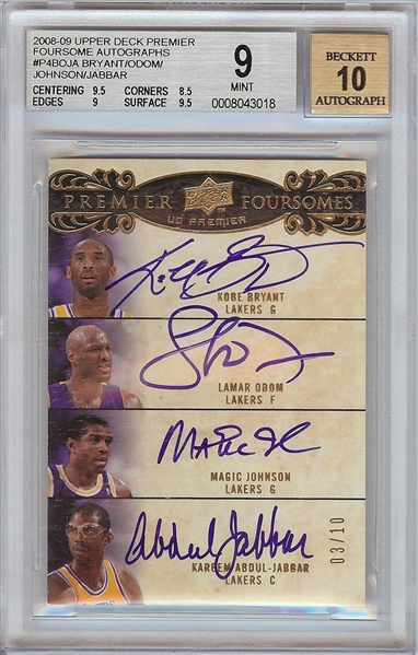 Kobe Bryant, Odom, Magic & Abdul-Jabbar Signed 2008-09 UD Premier Foursome AUTOS (3/10) BGS 9 (AUTO 10)