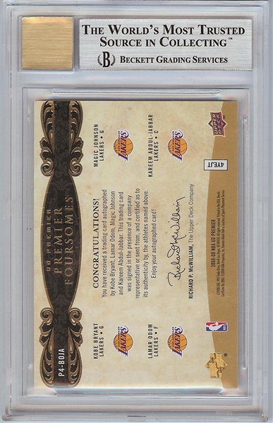 Kobe Bryant, Odom, Magic & Abdul-Jabbar Signed 2008-09 UD Premier Foursome AUTOS (3/10) BGS 9 (AUTO 10)