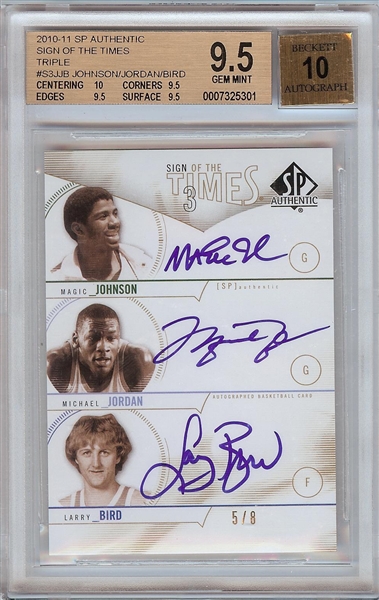 Michael Jordan, Magic Johnson & Larry Bird Signed 2010-11 SP Authentic Sign of the Times Triple (5/8) BGS 9.5 (AUTO 10)