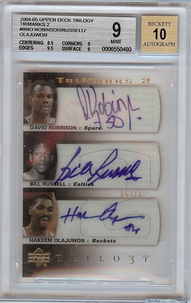 David Robinson, Bill Russell & Hakeem Olajuwon Signed 2004-05 UD Trilogy TriMarks 2 (5/10) BGS 9 (AUTO 10)