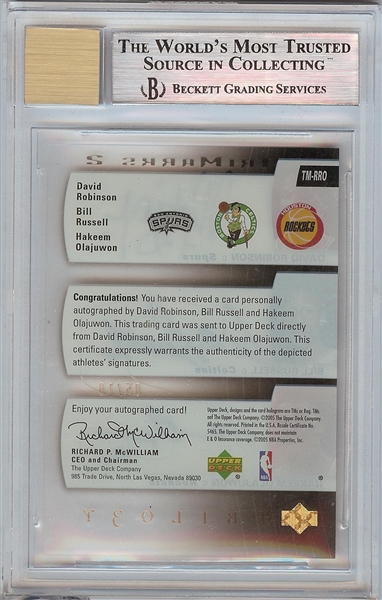 David Robinson, Bill Russell & Hakeem Olajuwon Signed 2004-05 UD Trilogy TriMarks 2 (5/10) BGS 9 (AUTO 10)