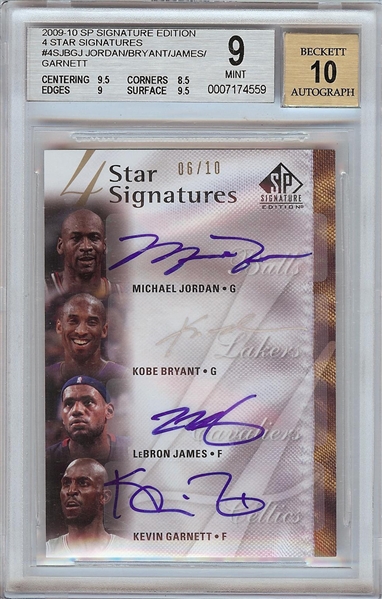 Michael Jordan, Kobe, LeBron & Garnett Signed 2009-10 SP Signatures Edition 4 Star Signatures (6/10) BGS 9 (AUTO 10)