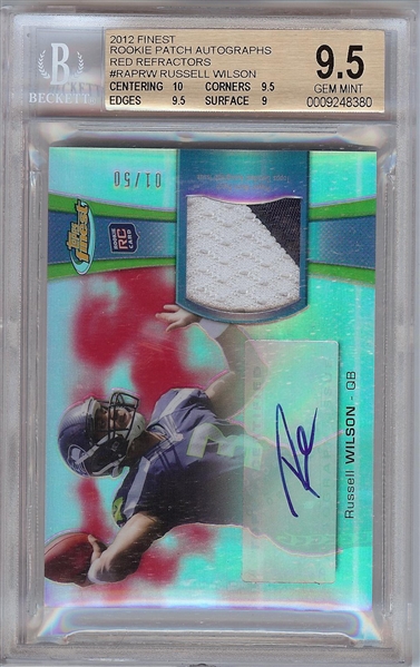 Russell Wilson Signed 2012 Finest Rookie Patch Autographs Red Refractors (1/50) BGS 9.5