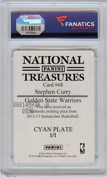 Stephon Curry Signed 2012-13 Panini National Treasures Cyan Printing Plate (1/1) 