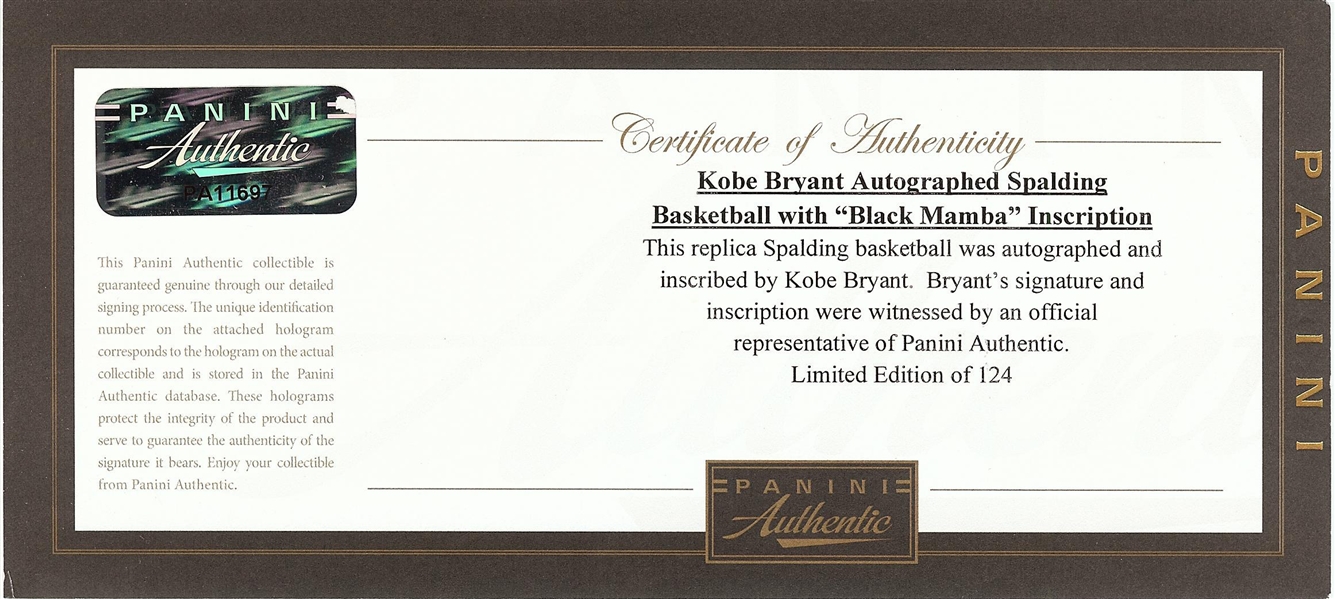 Kobe Bryant Signed Basketball Inscribed Black Mamba (36/124) (Panini)