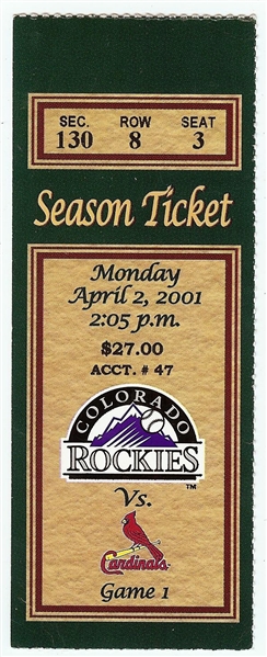 Albert Pujols First MLB Game Ticket Stub (April 2, 2001 at Coors Field)