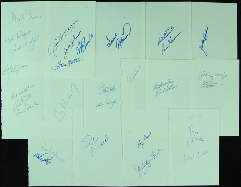 Impressive Signed Book Pages Group (8) with DiMaggio, Koufax, Aaron, Berra