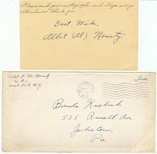 Albert Nemetz Signed GPC & Envelope (Army Tackle, Roswell UFO