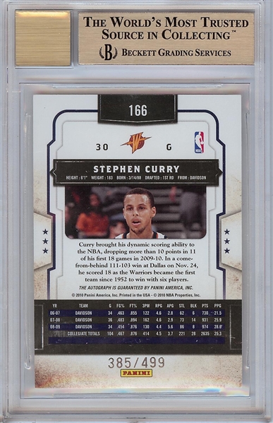 Stephen Curry Signed 2009-10 Classics RC (385/499) BGS 9.5 (AUTO 10)