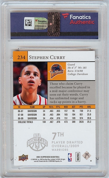 Stephen Curry Signed 2009-10 Upper Deck RC No. 234 (Fanatics)