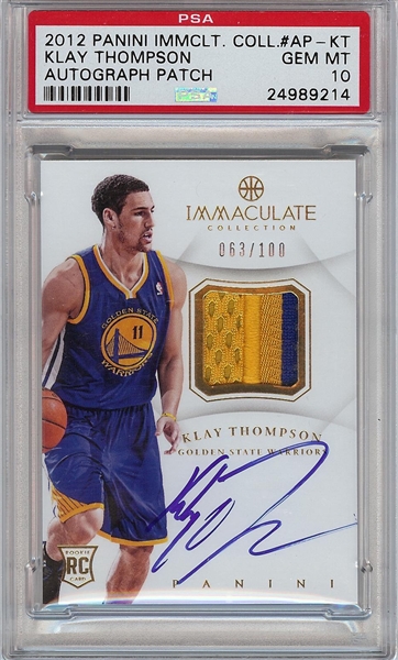 Klay Thompson Signed 2012 Panini Immaculate Collection Auto Patch (63/100) PSA 10