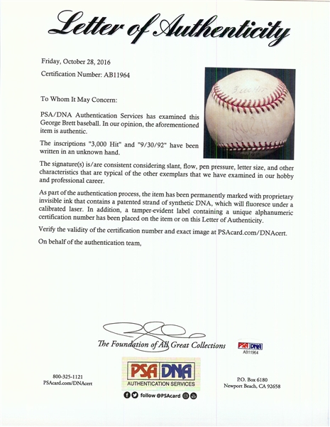 George Brett Single-Signed OAL Baseball from 3,000 Hit Game 9/30/92 (PSA/DNA)