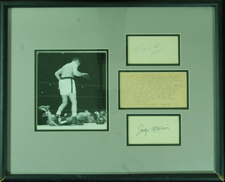 Sugar Ray Robinson & Joe Maxim Cut Signatures & Wire Photo Display (PSA/DNA)