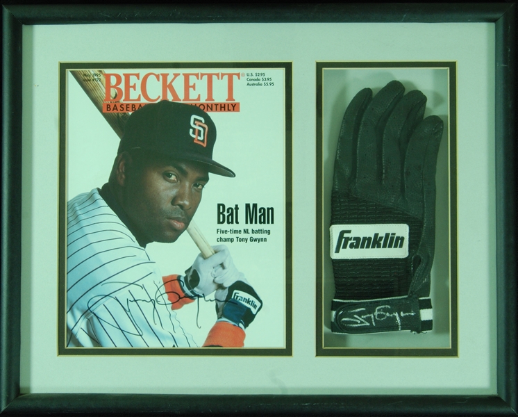 Tony Gwynn Signed Beckett Magazine & Batting Glove Framed Display (PSA/DNA)