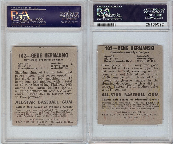 1948 Leaf Gene Hermanski Pair (2) with Correct & Incorrect Variations