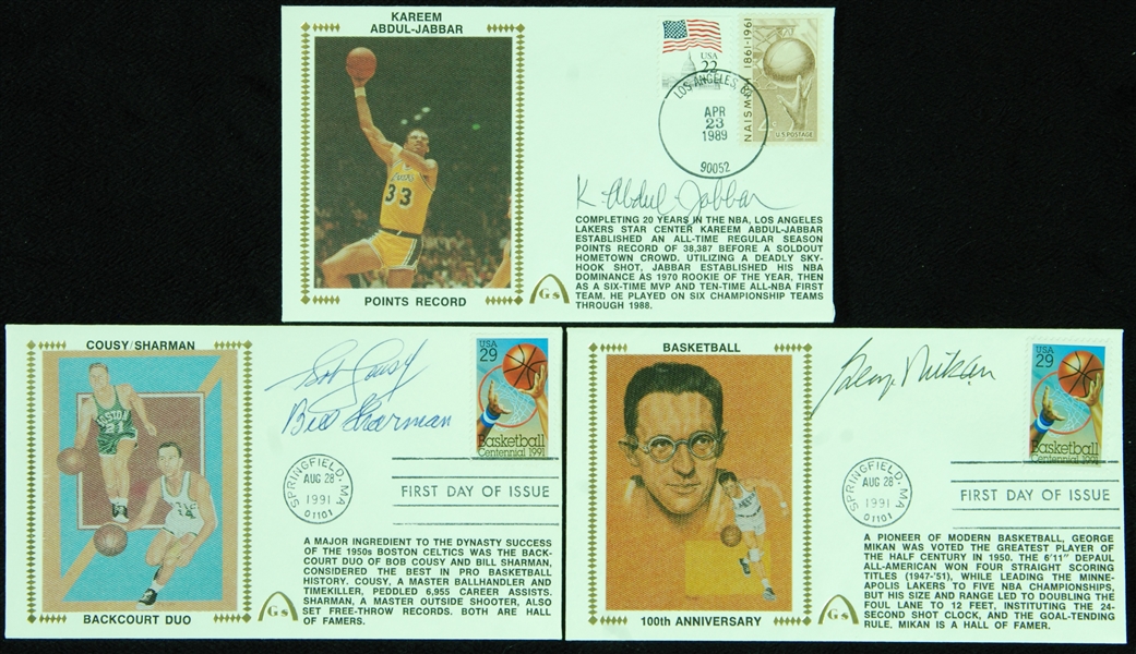 Basketball HOFer Signed FDC Group (3) with Mikan, Abdul-Jabbar, Cousy, Sharman