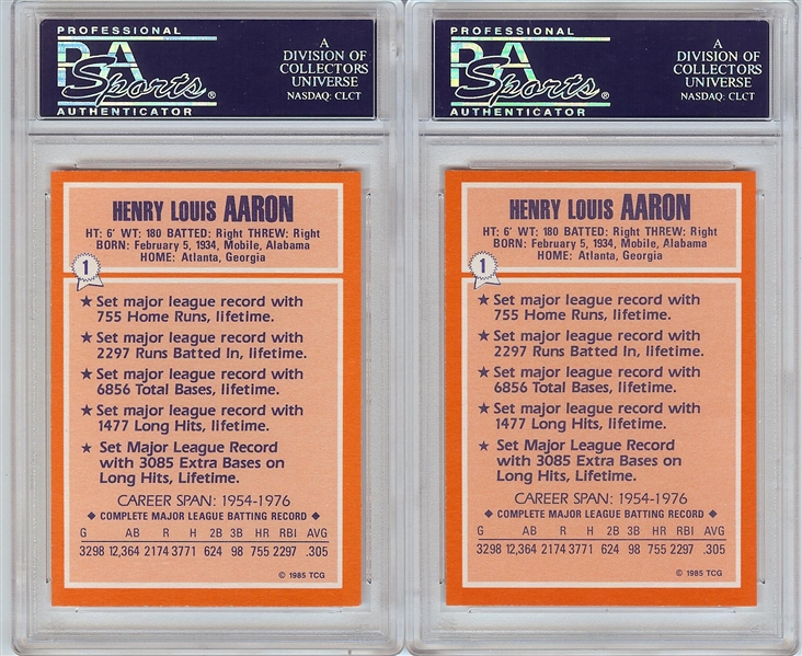 Hank Aaron Signed 1985 Topps Collectors Series No. 1 Pair (2) (PSA/DNA)