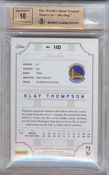 Klay Thompson Signed 2012-13 Panini National Treasures Jersey/Auto RC (3/199) BGS 9.5 (AUTO 10)