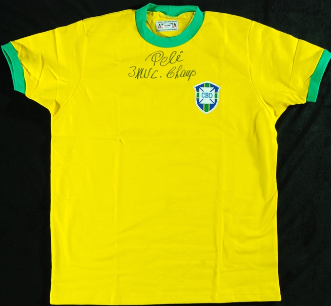 Pele Signed Brazil Jersey Inscribed 3X WC Champ (PSA/DNA)