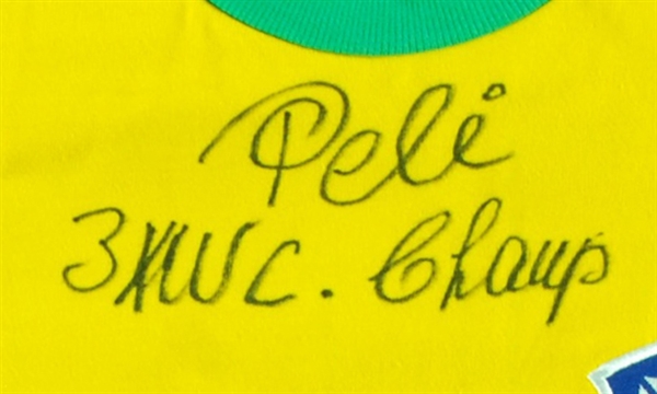 Pele Signed Brazil Jersey Inscribed 3X WC Champ (PSA/DNA)