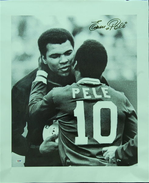 Pele Signed Canvas Giclee with Muhammad Ali (PSA/DNA)