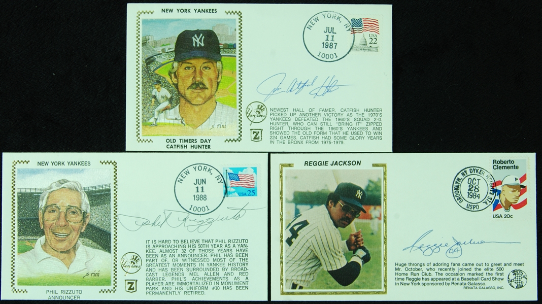 Phil Rizzuto, Reggie Jackson & Catfish Hunter Signed FDC Group (3)