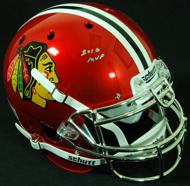 Patrick Kane Signed Chicago Blackhawks Football Helmet Inscribed 2016 MVP (BAS)