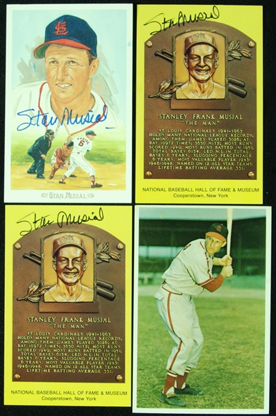 Stan Musial Signed Postcard Group (3) with Perez-Steele, Yellow HOF Plaques