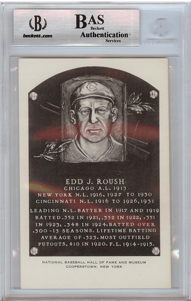 Edd Roush Signed B&W HOF Plaque Postcard (1962) (BAS)