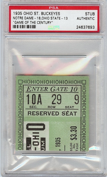 1935 Game of the Century Ticket Stub (Notre Dame 18, Ohio State 13 ) (PSA)