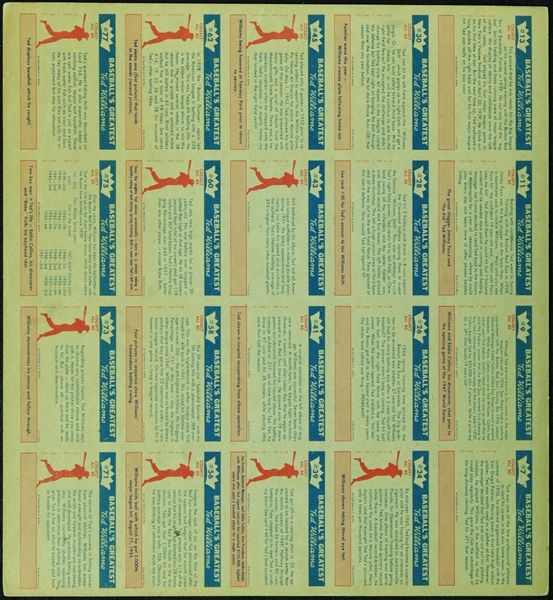 1959 Fleer Life of Ted Williams Uncut Sheet (20 cards)