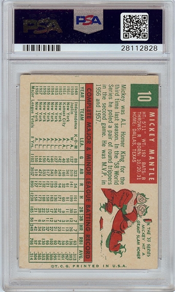 1959 Topps Mickey Mantle No. 10 PSA Authentic