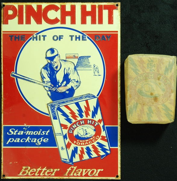 Circa 1920’s Pinch Hit Chewing Tobacco Unopened Pouch and Metal Advertising Sign (2)