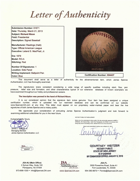 Richard Nixon Single-Signed OAL Baseball (JSA)