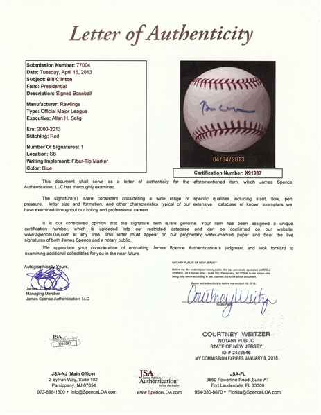 Bill Clinton Single-Signed OML Baseball (JSA)