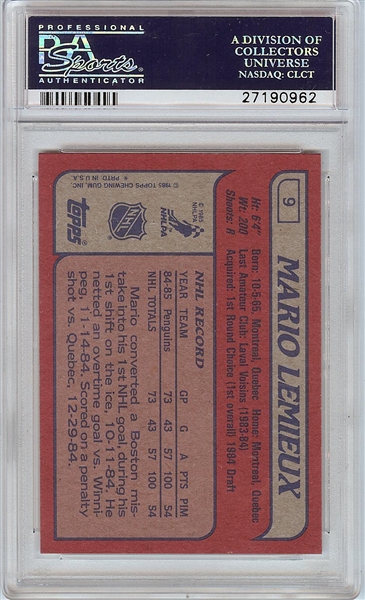 1985-86 Topps Mario Lemieux RC No. 9 PSA 8