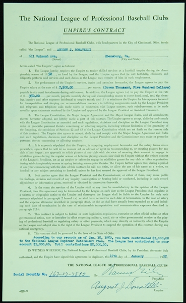 Augie Donatelli (Umpire) First Three Contracts with Cover Letter (Donatelli (3), Frick (3), Giles Sigs)