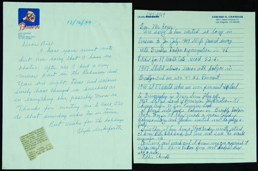 Clyde Sukeforth & Ed Chandler Signed Handwritten Letters (2)