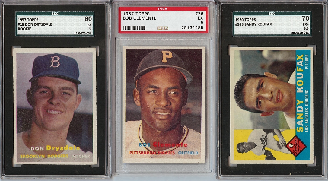 1957 Topps Roberto Clemente & Don Drysdale EX Pair, with 1960 Topps Koufax SGC 5.5